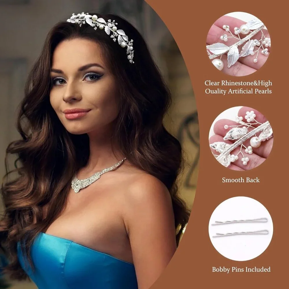 Bridal Headband Rhinestone Hair Band Wedding Tiara for Women Silver 14''